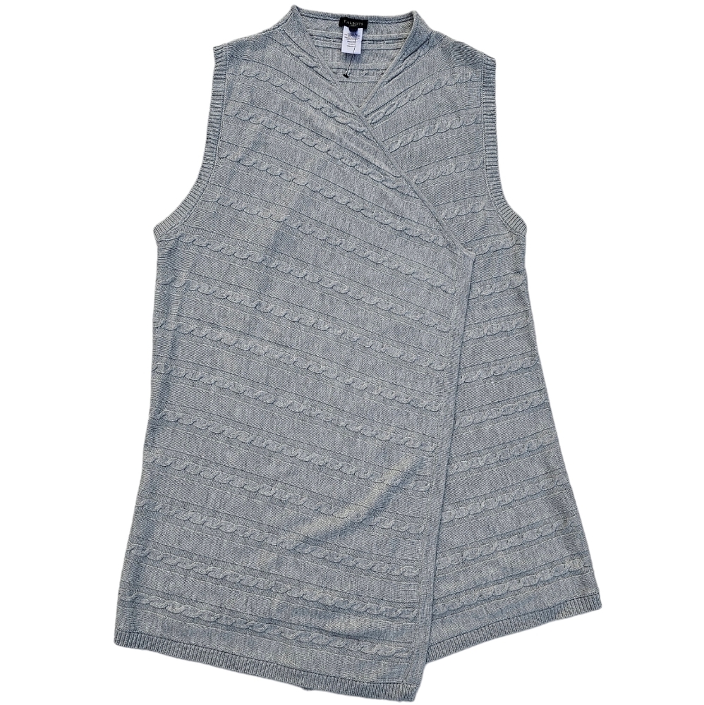 NWOT Talbots Sleeveless Open Front Cardigan Cascading Vest Gray Cable Knit